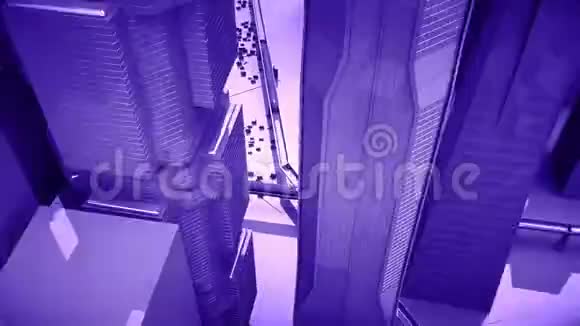 照相机穿过抽象的紫色摩天大楼视频的预览图