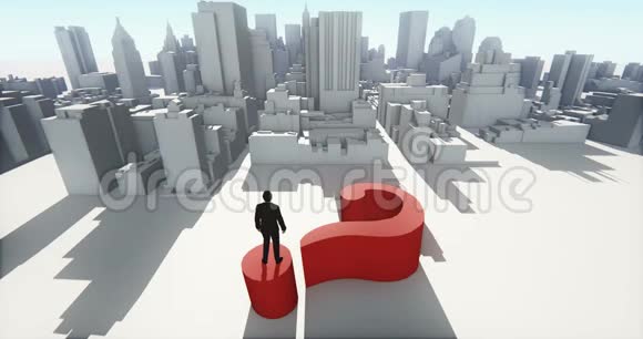 4K商人站在问号的顶端俯瞰城市建筑视频的预览图