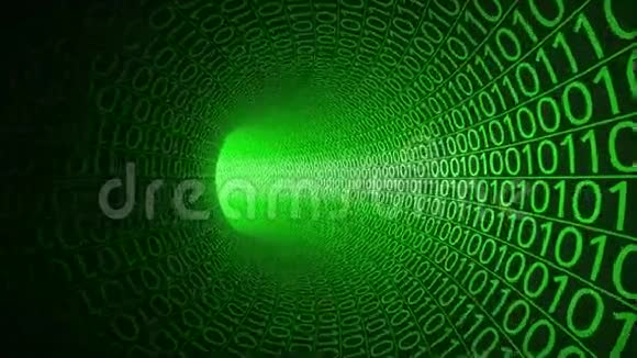 无止境的飞行通过抽象的绿色隧道由零和一高科技运动背景信息技术二进制数据视频的预览图