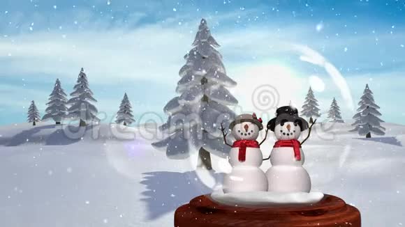 神奇森林中雪球雪人情侣可爱的圣诞动画视频的预览图