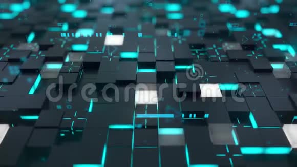 无缝回路三维数字技术概念黑色立方体与绿松石段象征数据块视频的预览图