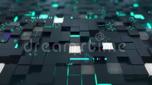 无缝回路三维数字技术概念黑色立方体与绿松石段象征数据块视频的预览图