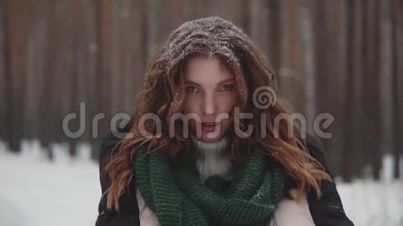 一个红发女孩在冬天森林里出现精灵的肖像视频的预览图