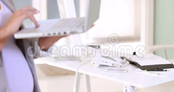 怀孕的女商人用她的笔记本电脑视频的预览图