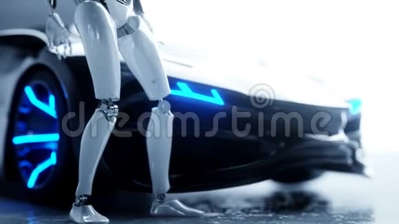 未来派人形女性机器人和SCIFI车真实的运动和反射未来的概念4K镜头视频的预览图