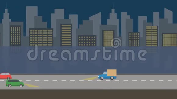 城市之夜平面卡通全景循环动画4K视频的预览图