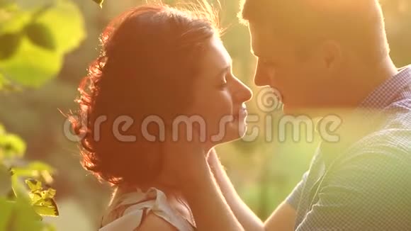 公园日落时相爱的幸福夫妻的肖像视频的预览图