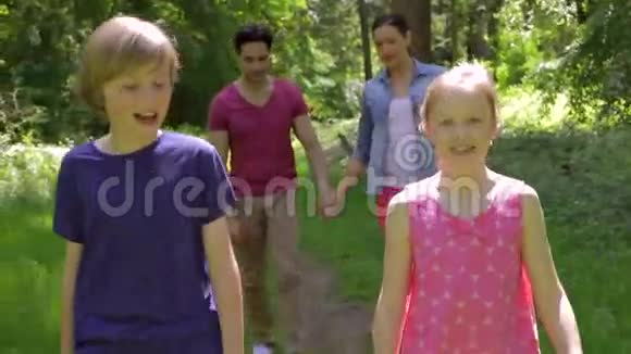 一家人一起沿着夏日的林地小径漫步视频的预览图