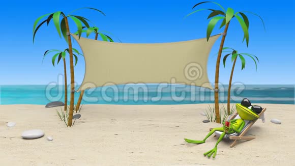 3D海滩躺椅上青蛙的动画视频的预览图