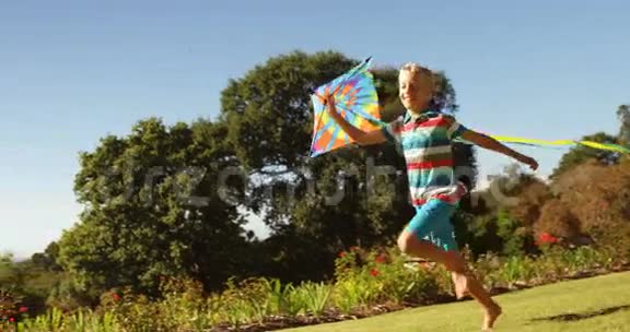 男孩带着风筝在公园里奔跑视频的预览图