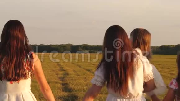 幸福的年轻家庭带着一个孩子走在夏天的田野上幸福家庭和童年的概念孩子和妈妈视频的预览图