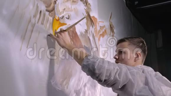 艺术家设计师在墙上画一只鹰工匠装饰师用丙烯酸油彩画一幅画画家视频的预览图