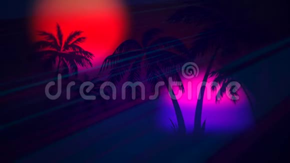 动感复古夏日抽象背景夜晚棕榈树视频的预览图
