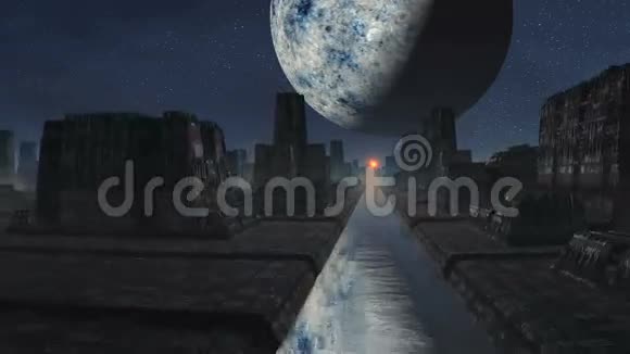 外星城市日出和巨大的星球视频的预览图