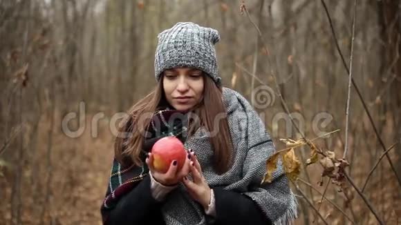 秋天寒冷的红苹果女孩视频的预览图