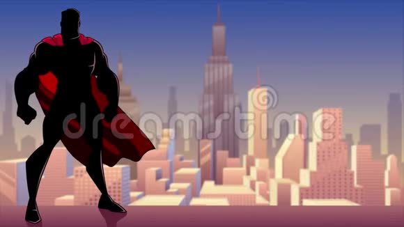 超级英雄站在城市剪影高视频的预览图