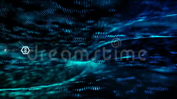 六边形形状和粒子在黑暗中移动的抽象背景图标用于网络未来主义概念用谷物加工视频的预览图