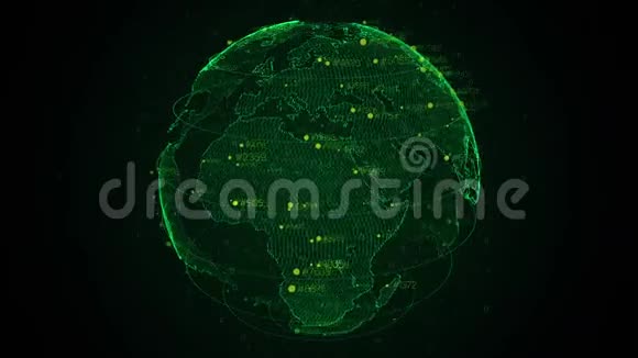像素绿色三维地球与大数据动画旋转地球闪耀的大陆与浮动的数字摘要视频的预览图