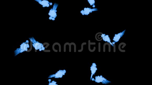 蓝色发光墨水溶解在水上的黑色背景与卢马哑光计算机仿真的三维渲染墨流视频的预览图