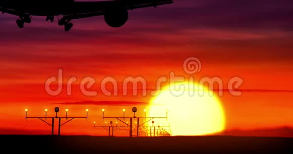 喷气式飞机的轮廓降落在日落视频的预览图