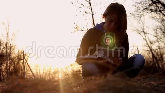 美丽的少女坐在公园里的一片落叶上看书晚霞淡淡概念女孩自由职业者视频的预览图