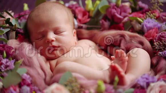 可爱的新生儿睡在花丛里视频的预览图
