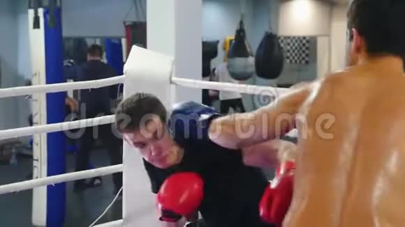 在体育馆拳击两个人在训练中打架视频的预览图
