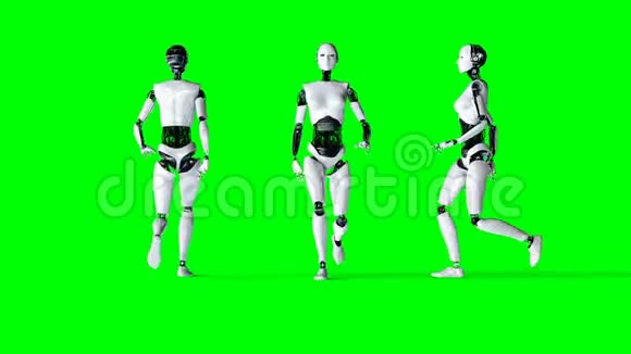 未来派人形女性机器人是步行机器人真实的运动和反射4K绿屏镜头视频的预览图