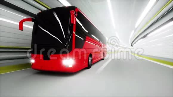隧道里的红色旅游巴士快速驾驶旅游概念三维动画视频的预览图