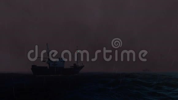 夜间带雨的海洋风暴海上的船只视频的预览图