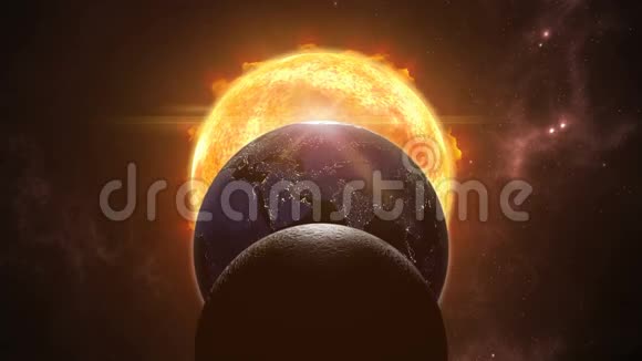 动画太阳月亮和地球球体宇宙场景中的线索3D绘制4K视频的预览图