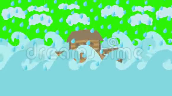 诺亚方舟漂浮在海中云天雨在绿屏上视频的预览图