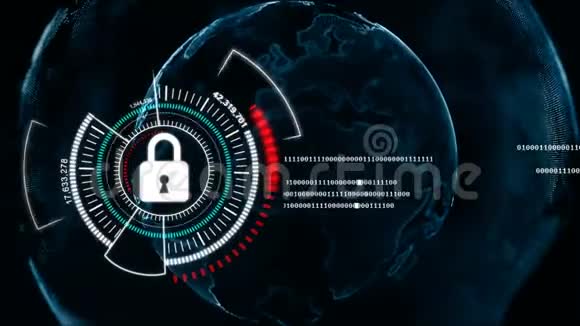 4K动画环球旋转与安全锁隐喻网络未来数据安全概念视频的预览图