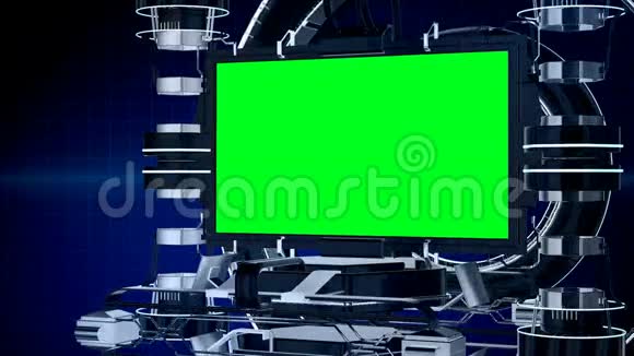 3D动画新闻报道屏幕电视或媒体节目界面与机械舞台色度键绿屏背景视频的预览图
