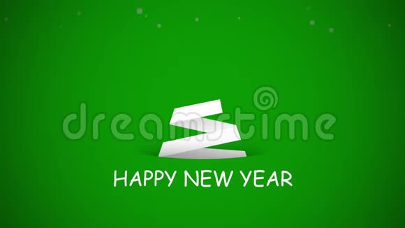 动画特写新年快乐文字绿色背景白色圣诞树视频的预览图