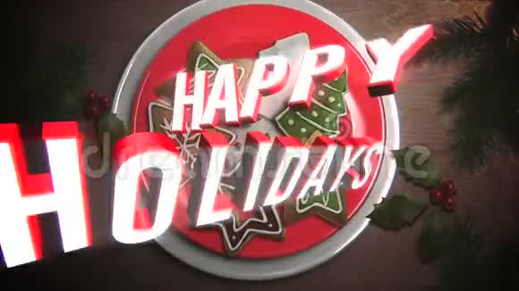 动画特写节日快乐文字糖果和圣诞派在木制背景视频的预览图