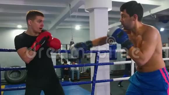 拳击训练两名男子在拳击场上打架视频的预览图
