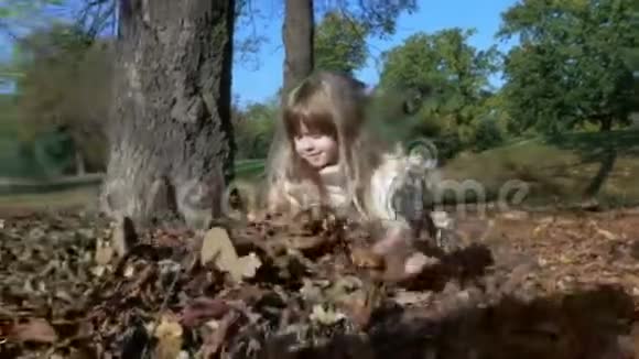 小可爱的女孩在秋天公园户外玩耍视频的预览图