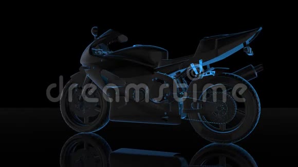 旋转摩托车黑色和蓝色光泽形成模型摩托车360度循环运动动画背景视频的预览图