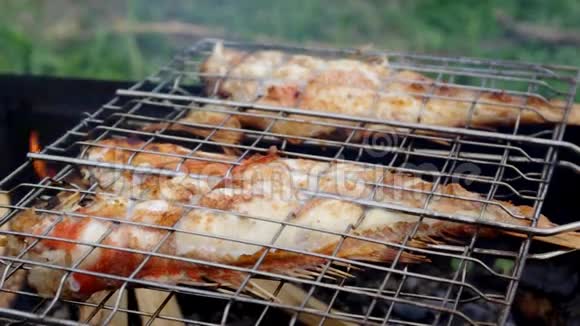 烤架上有鲑鱼夏季烧烤概念视频的预览图