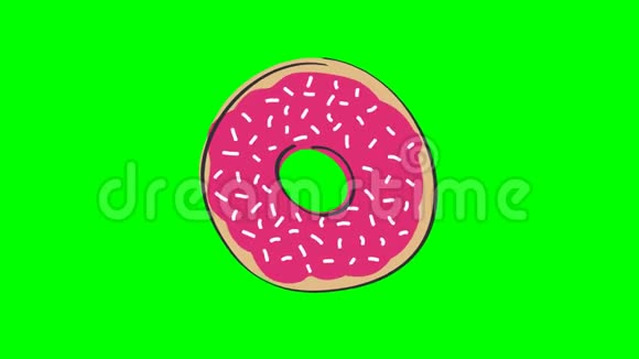 动画旋转甜甜圈与粉红色草莓顶部动画手绘卡通插图循环能力在色度键绿色视频的预览图