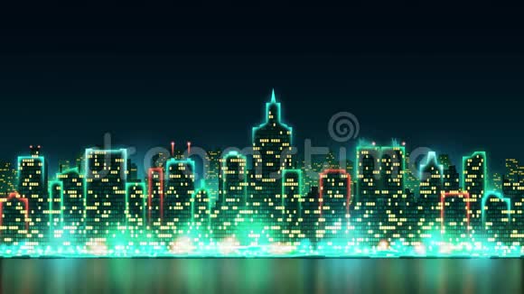 城市天际线轮廓与动画窗口以铭文铭文圣诞快乐背景与烟火视频的预览图