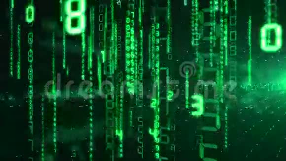 数字代码中的绿色数字在闪烁的光线中下落循环三维动画高清1080视频的预览图