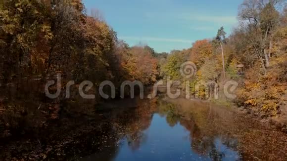 秋天公园里飞越湖边视频的预览图