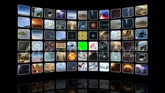 带有图标和绿色屏幕的动画曲面视频墙可循环3D绘制4K视频的预览图