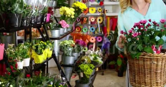 微笑的花匠在花店的石板上举着开放的牌子视频的预览图