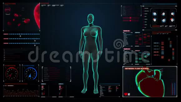 放大女性身体和扫描心脏数字显示仪表板中的人体心血管系统蓝色X光灯视频的预览图