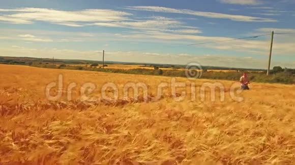 农民穿过田野的鸟瞰视频的预览图