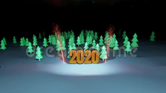圣诞夜组成圣诞树森林其中大量的黄金数字2020突出与烟花在视频的预览图
