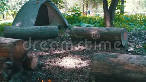 篝火在森林的帐篷和原木中燃烧视频的预览图